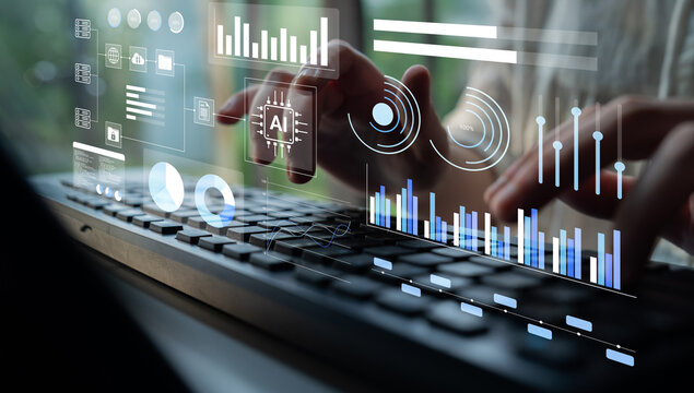 A business professional interacts with a cutting-edge digital interface, focusing on data analysis, metrics, and AI technology within an innovative workspace environment. Gantry