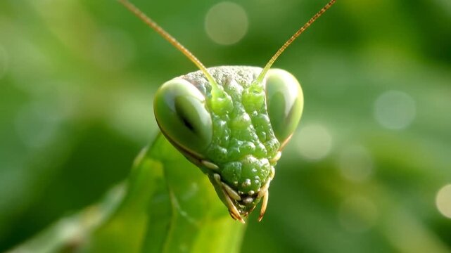 Close-up of a green praying mantis with a blurred natural background