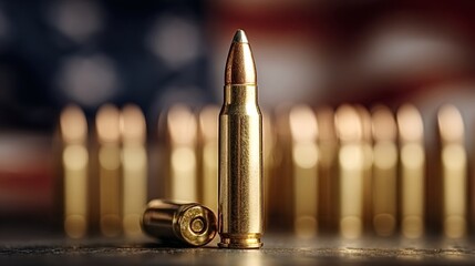Obraz premium Gold rifle cartridges standing and lying on a dark surface with a blurred united states flag in the background, representing military power, patriotism, and the second amendment