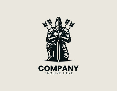Medieval armored knight kneeling with sword and arrows black vector logo illustration