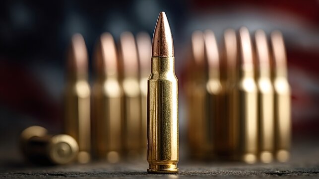 Rifle bullets stand upright with a blurred american flag in the background, representing themes of patriotism, second amendment rights, military strength, and defense