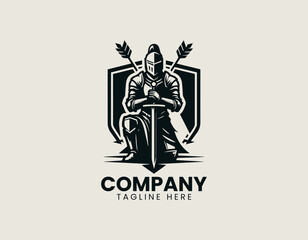 Fototapeta premium Medieval armored knight kneeling with sword and arrows black vector logo illustration