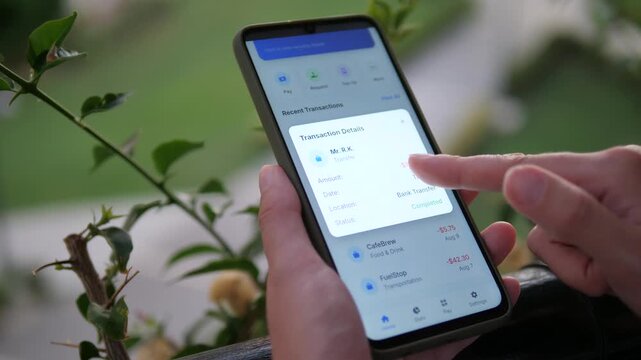 User interacts with a modern fintech app on a smartphone, reviewing transaction details and payment history. Clean and professional mobile UI display. High-quality footage for banking services, mobile
