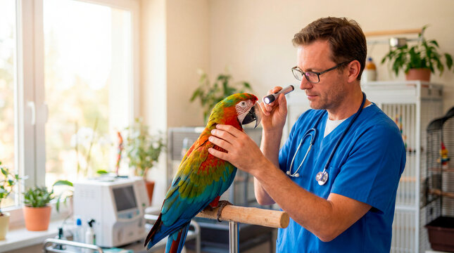 Male veterinarian examining a colorful macaw parrot with a light. Vet doctor checking an exotic bird in a clinic