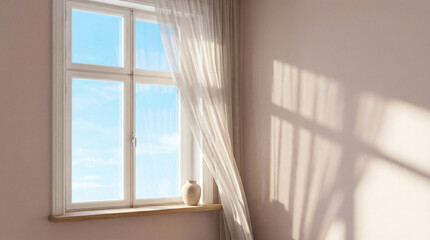 Soft sunlight through sheer curtains casting shadows on pink wall with vase