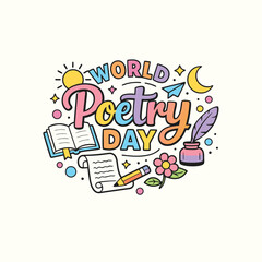 Colorful illustration celebrating world poetry day with books pens and floral elements high-quality professional detailed