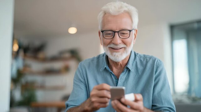 Elderly man in casual blue shirt enjoying technology, holding a smartphone and smiling indoors. Positive emotions and digital literacy among seniors in a cozy, contemporary home environment