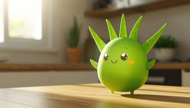Personaje de planta de aloe vera de dibujos animados en 3D que brilla suavemente con energ&iacute;a verde curativa