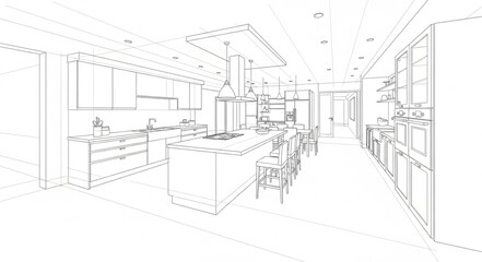Architectural sketch of a modern kitchen interior design. © yanto