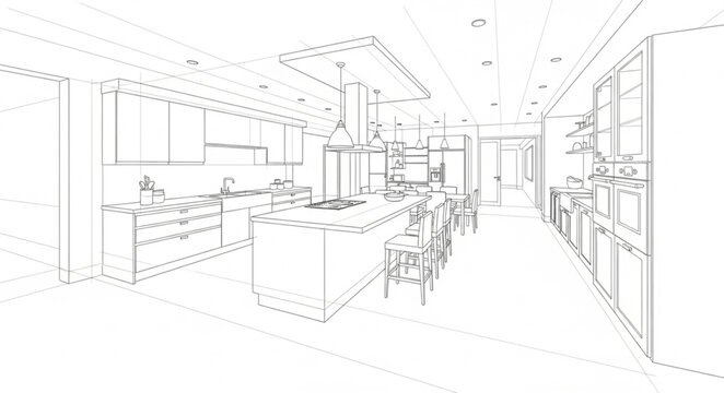 Architectural sketch of a modern kitchen interior design.