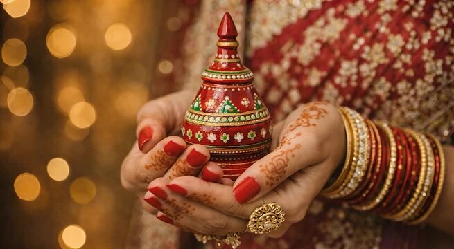 Indian bride hands with mehndi holding decorative sindoor box traditional wedding ritual close up video for bridal advertisement jewelry promotion and cultural ceremony marketing use