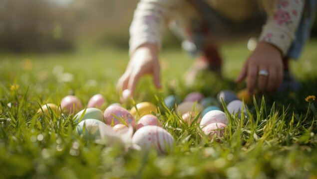 Child picking up colorful easter eggs in green grass hands flowers