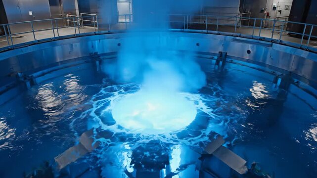Nuclear reactor core emitting blue Cherenkov radiation in a cooling pool. Industrial power plant facility with steam rising from water. Atomic energy and science concept