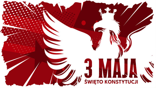 3 maja święto konstytucji, patriotyczny baner wektorowy z białym orłem w koronie na czerwonym tle