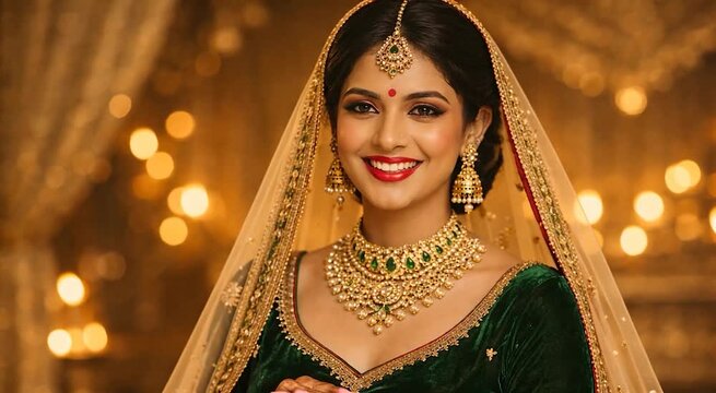 Smiling Indian Bride in Green Bridal Lehenga with Gold Jewelry for Luxury Wedding Promotion Bridal Fashion Advertisement and Cultural Ceremony Marketing