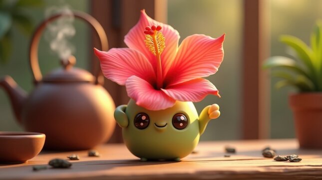 Lindo personaje de flor de hibisco de dibujos animados en 3D que irradia un aura antioxidante carmes&iacute; vibrante