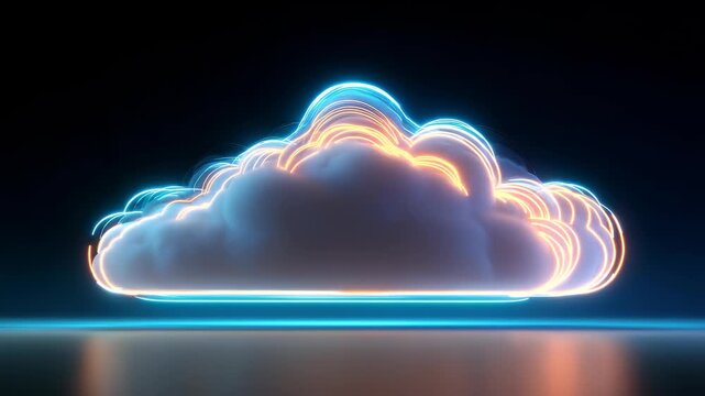 Vibrant neon lit cloud symbolizes advanced cloud computing, digital innovation, set against sleek, dark background. This captures essence modern technology, futuristic data storage solutions