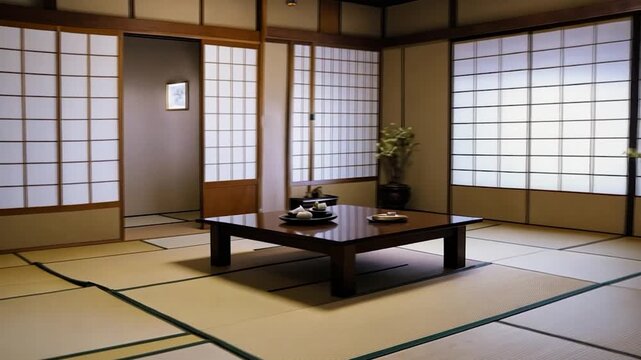 Serene traditional Japanese room with low table and tatami mats surrounded by sliding doors and natural light