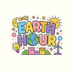 Colorful illustration promoting earth hour with a smiling globe sun moon and sustainable elements high-quality