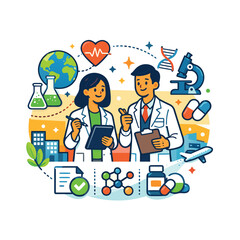 Illustration depicting medical research global health and scientific innovation with doctors and related symbols high-quality