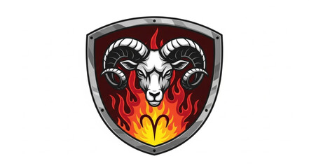 Obraz premium Aries Zodiac Symbol Ram Head on Fire Shield.