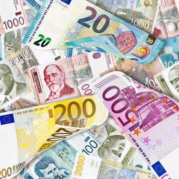 European Union banknotes on the background of banknotes of Serbian dinar