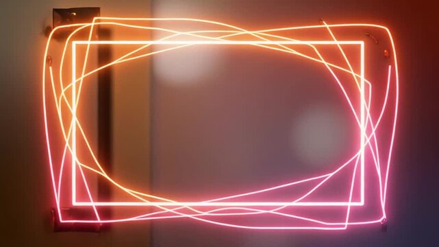 Neon light trails forming rectangle on dark background with bokeh effect