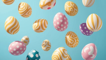 Colorful easter eggs with various patterns floating on blue background colorful eggs floating eggs
