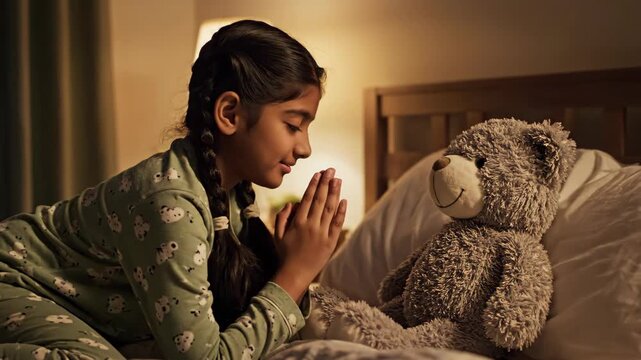 A young girl says her bedtime prayers in front of her teddy bear. Child with clasped hands praying on her bed at night. Childhood faith and innocence concept