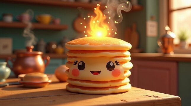 Lindo personaje de pila de panqueques de dibujos animados en 3D con una textura suave y esponjosa y rasgos faciales entra&ntilde;ables