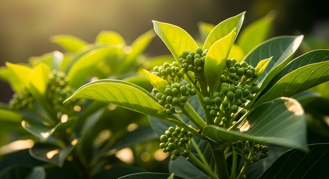 High above ground level green ashwagandha plant growing in a garden with lush green foliage and vibrant flowers , plants