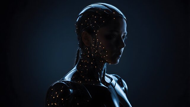 Retrato futurista de mujer digital con puntos luminosos y fondo oscuro