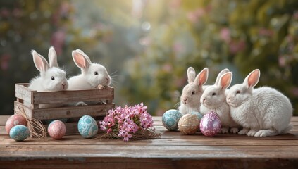 White rabbits sitting on wooden table with colorful eggs and flowers easter eggs