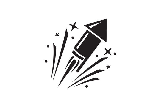 Festive Firework Rocket with Stars,  Black and White Celebration Graphic