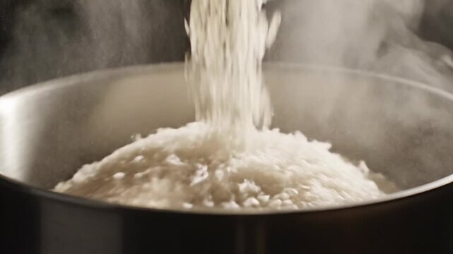 Pouring white rice into a steaming pot, cooking grains, healthy food preparation