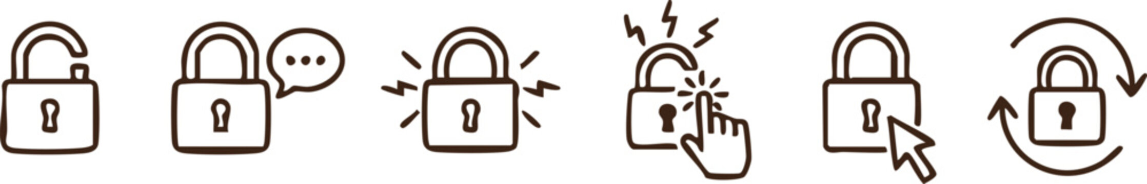 Brown hand-drawn padlock depicting security concepts and actions on a white background