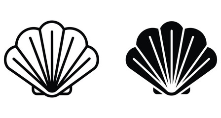 Minimalist black and white scallop seashell icons featuring outline and solid silhouette vector designs