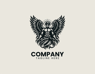 Muscular winged angel black vector logo illustration