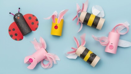 Colorful paper roll insect toys on blue background insects ladybug bees bunnies