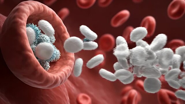 CGI Visualization Of Clumped Platelets And White Blood Cells Within A Blood Vessel Amongst Red Blood Cells