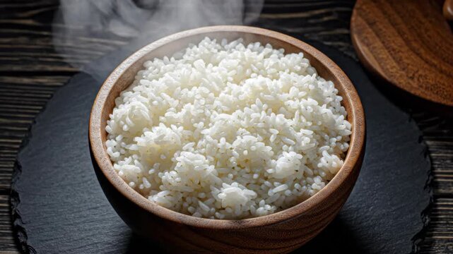 Steaming white rice in a wooden bowl on a dark background. Close up of freshly cooked hot rice with rising steam. Healthy staple food and Asian cuisine concept
