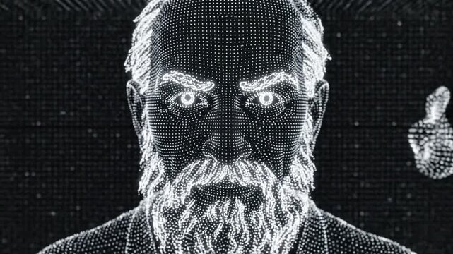 Futuristic digital man's face depicted with glowing eyes and a dotted wireframe texture against a dark background, representing artificial intelligence.