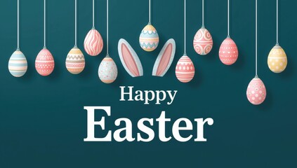 Easter eggs and bunny ears on dark teal background with Happy Easter text hanging eggs decorated eggs