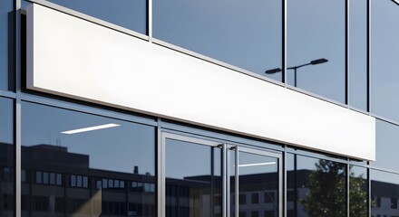 Fototapeta premium Image of a modern glass office building with a blank, horizontal signboard
