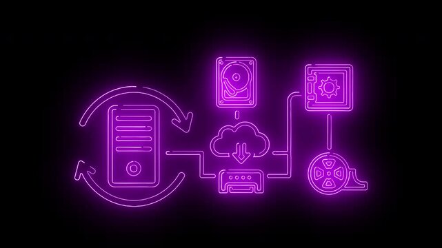 Neon-lit purple flowchart diagram with server, cloud, and database icons on a black background with a glowing effect.