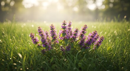 Obraz premium Delicate purple wildflowers blooming in a sunlit green meadow on a warm summer day