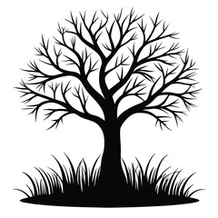 Obraz premium monochrome silhouette leafless tree with grass silhouette line art vector illustration with a white background