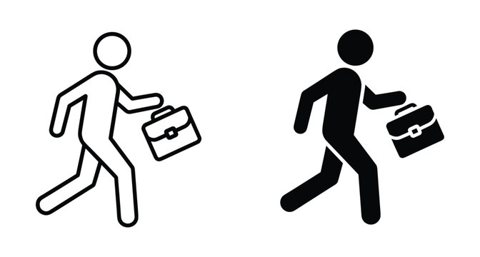 Professional employee carrying a briefcase while walking to work in two different icon styles
