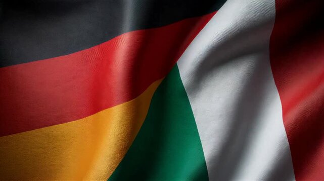 german and italien flag waving together. relations between germany and italy. friendship partnership european union