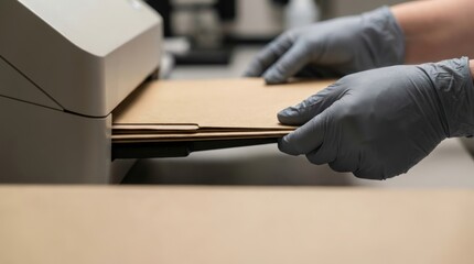 Obraz premium Gloved Hands Organizing Brown Folders Near Office Equipment